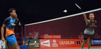 Lee Chong Wei (right) and Dionysius Hayom Rumbaka at the Djarum Indonesia Open in June earlier this year.